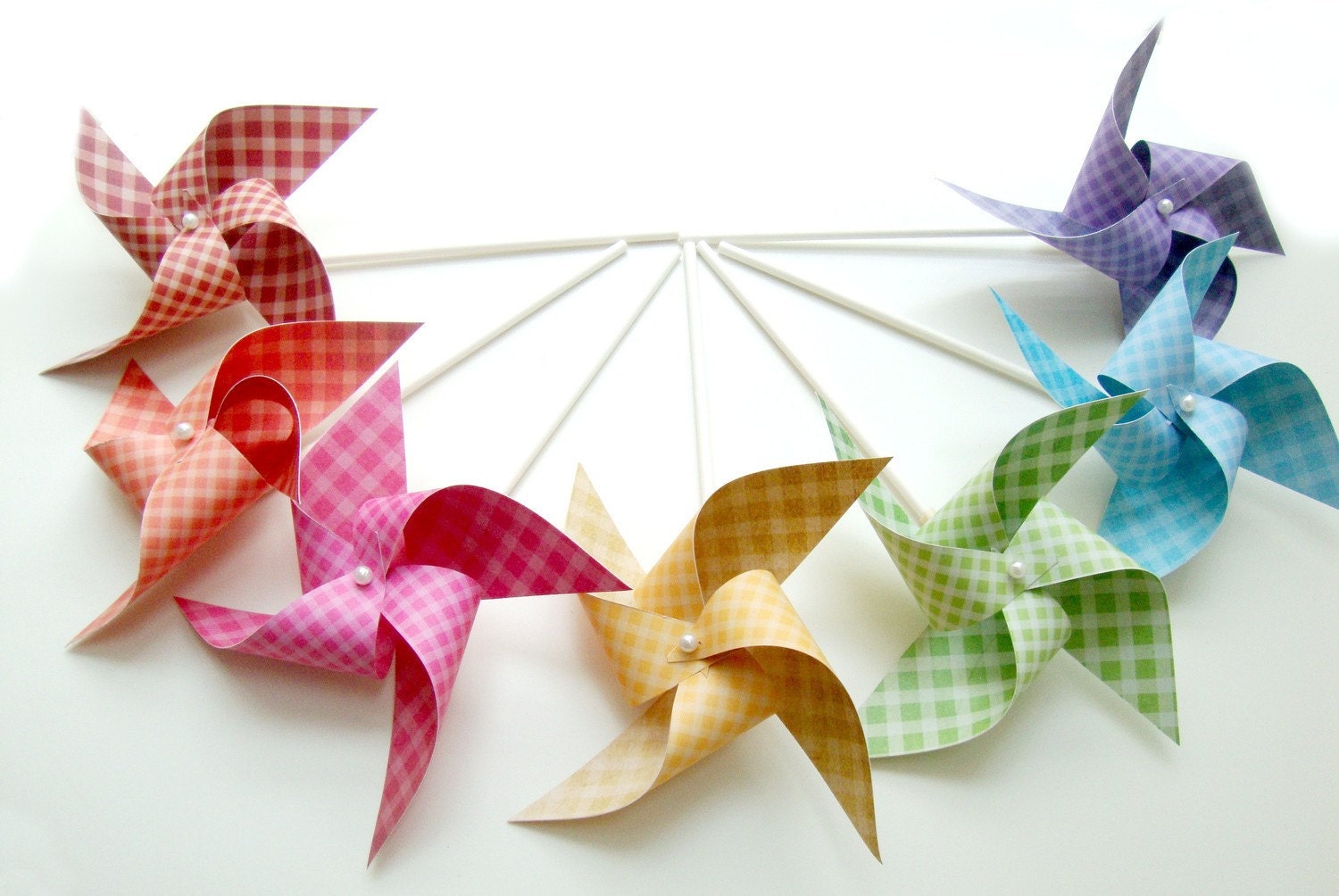 Pinwheels GINGHAM RAINBOW set of 7 mini pinwheels...