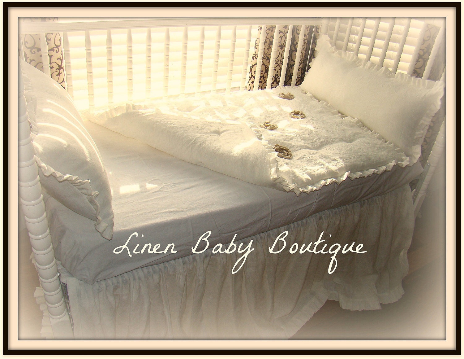 Bumperless Baby Crib Bedding Ivory Linen Baby Bedding 4 Piece Set