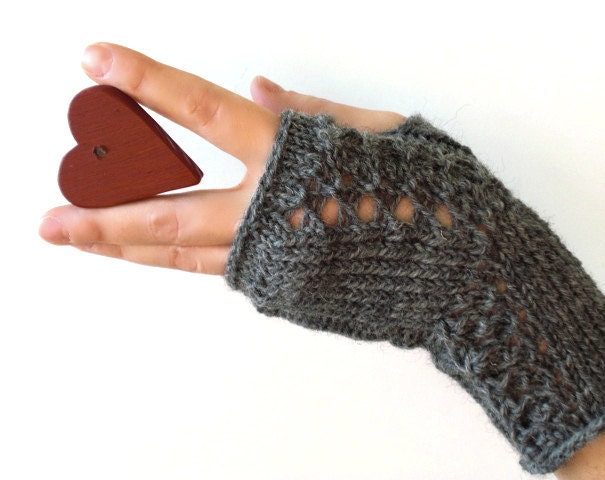 Hand knit fingerless mitts / gray / steel grey / wool / lace decor / rustic chic / for her / Christmas / Valentine's - MaybeTheWhiteDog