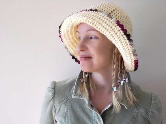 Crochet / Hat / cream white / cottage chic / cotton / spring summer brimmed hat / raspberry red caramel picot edge / for her