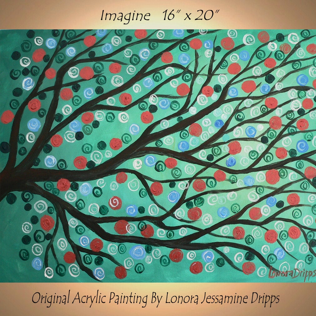 Original Acrylic Art Painting on Canvas, Colorful Teal Modern Abstract Tree Branch, 16 x 20