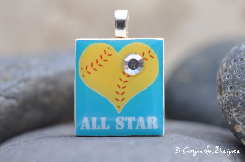 Softball-ALL STAR Charm / Pendant with Swarovski crystals-made from an upcycled Scrabble Game Tile, handmade by GingerLee Designs