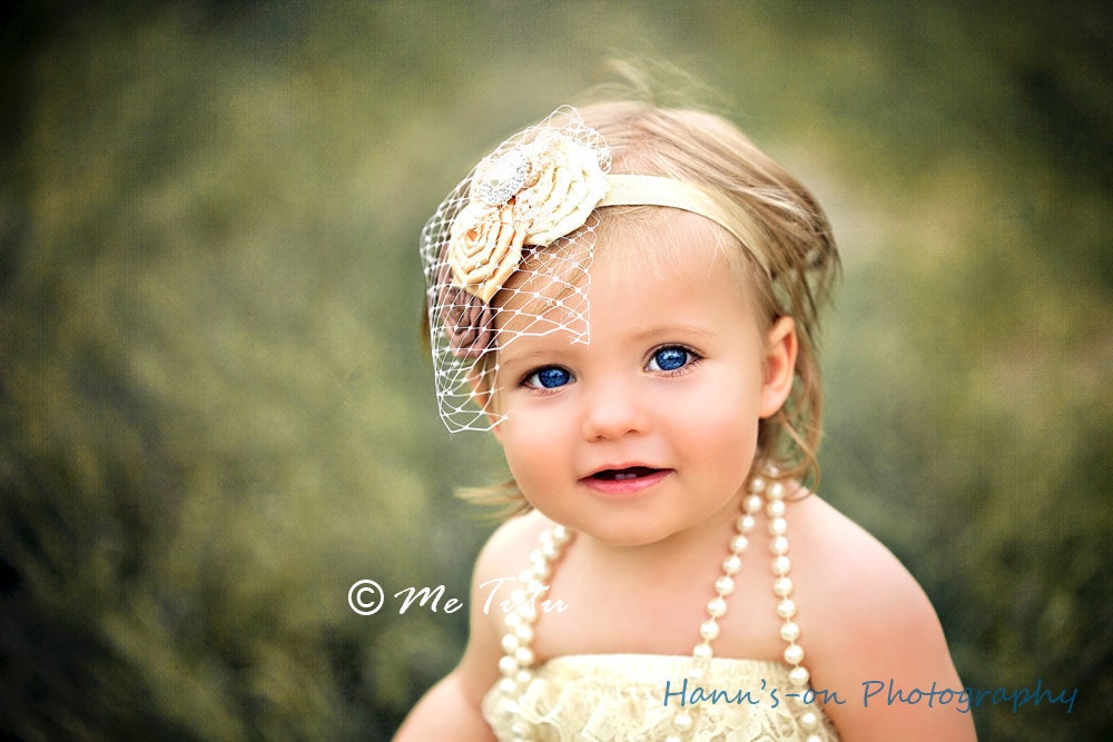 Vintage Shabby Chic Premium Birdcage Veil Satin Rosettes Baby Child Girls Headband
