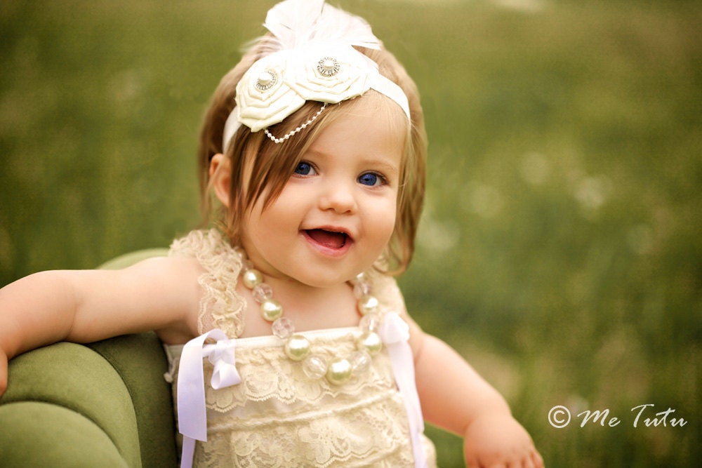 Vintage Shabby Chic Premium White/Ivory Satin Rosettes Feather and Pearl Baby Child Girls Headband