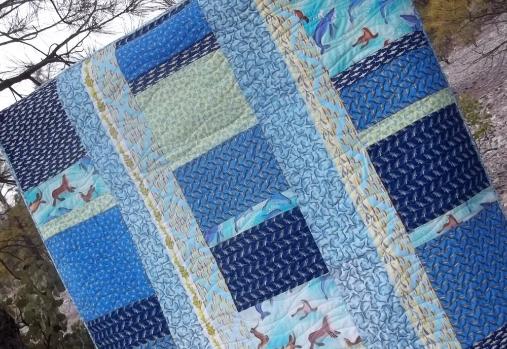 Lap Quilt of Sea Life in Many shades of Blue
