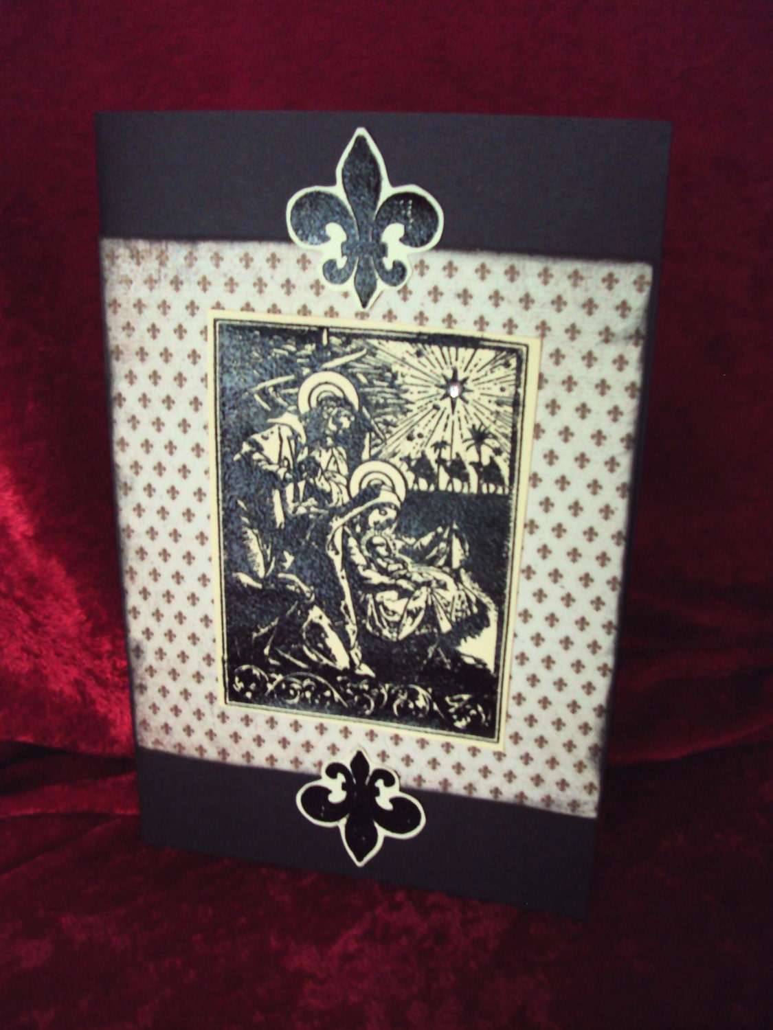 Gothic Victorian Baby Jesus Christ Catholic Christian Religious Cross Nativity Scene Star Fleur Di Lis Handmade Greeting Card