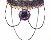 Necklace Choker Crocheted Gothic Victorian Steampunk Halloween Wedding Red and Black Rose Red Swarovski Crystal Unusual