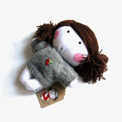 Rag doll softie softies stuffed toy handmade toy baby girl girlie stuffed puppet plushie gray grey hand knitted dress sweater 11" 27 cm