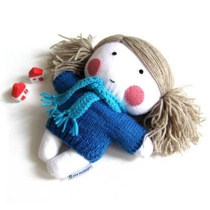 Rag doll toy baby girl girlie plushie softie white turquoise blue hand knitted dress sweater scarf cuddly soft child friendly 10 inch 25 cm