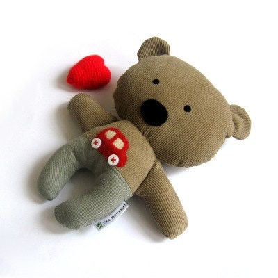 Teddy bear stuffed animal plushie softie rag doll toy brown olive green little red car 25 cm 9.8"