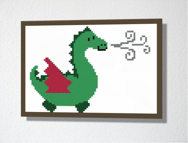 Counted Cross stitch Pattern PDF. Instant download. Cute Dragon. Includes easy beginner instructions.