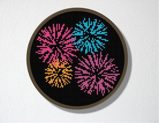 Counted Cross stitch Pattern PDF. Instant download. Fireworks. Includes beginners instructions.