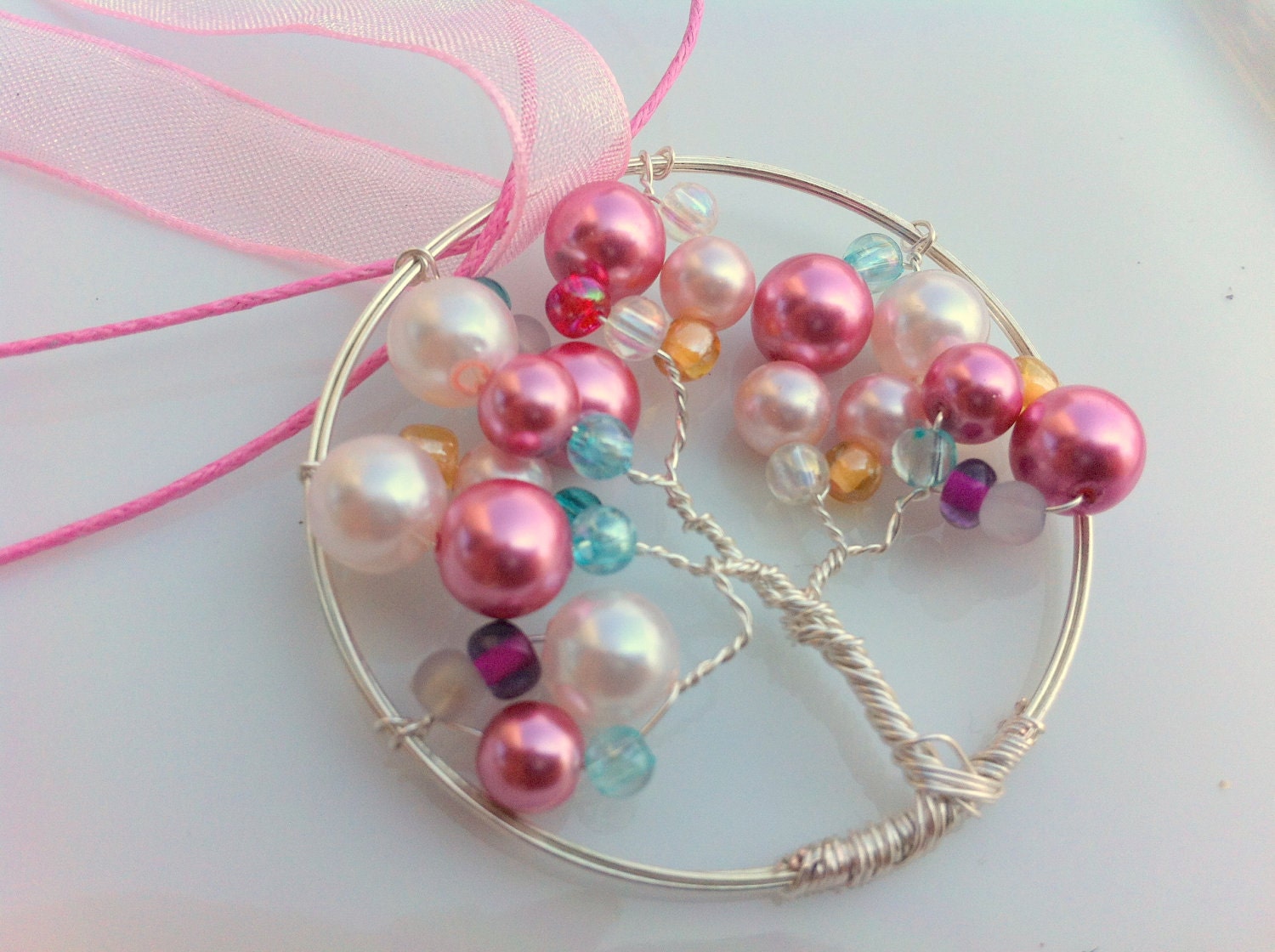 Pink Pearl and Pastel Colored Tree of Life Necklace