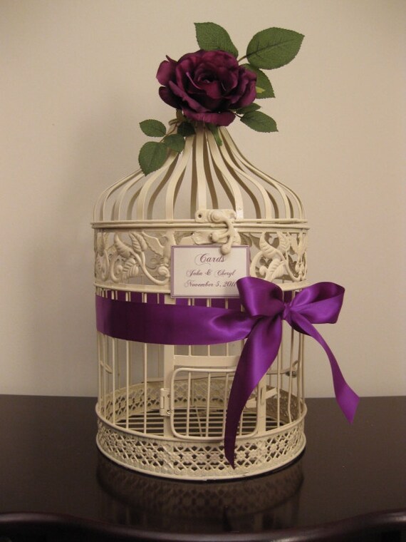Items similar to Ivory Bird Cage Wedding Card Holder With Purple Rose
