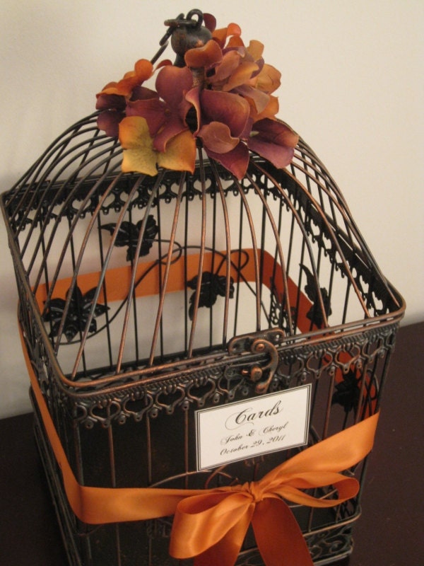 On Sale Bird Cage Wedding Card Holder with Burnt Orange Hydrangeas  / Wedding Card Holder /  Birdcage Card Holder