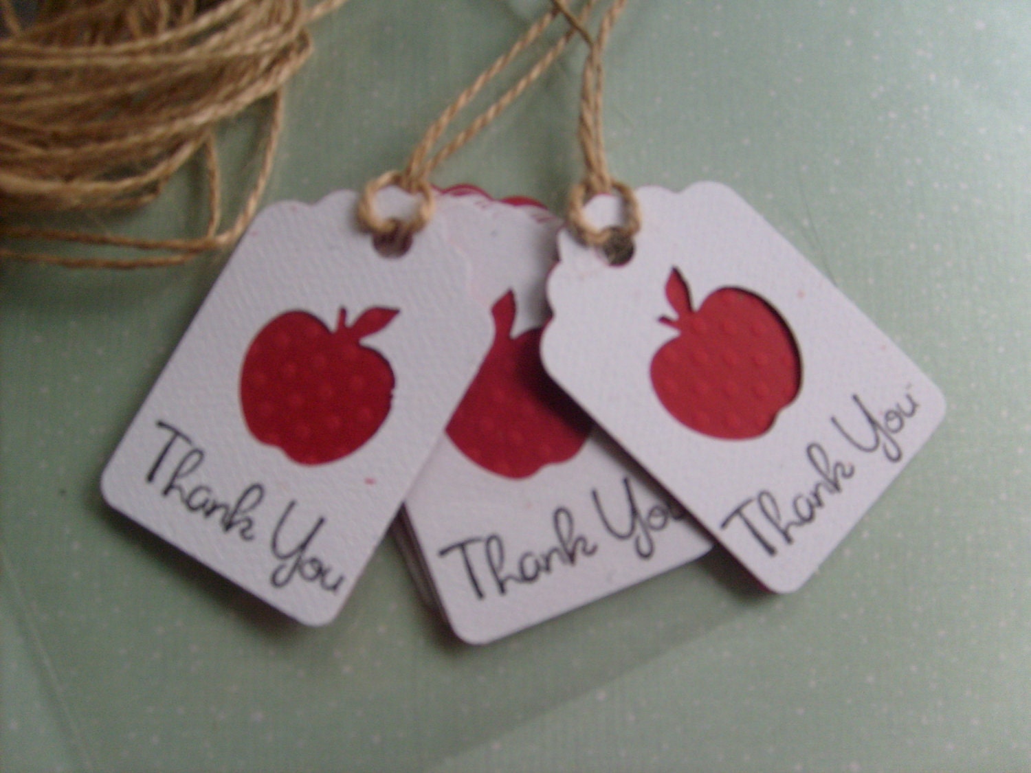 Little Red Apple Gift tags stamped with THANK YOU, made with polka dot embossed cardstock, Cute small gift tags... Qty. 50