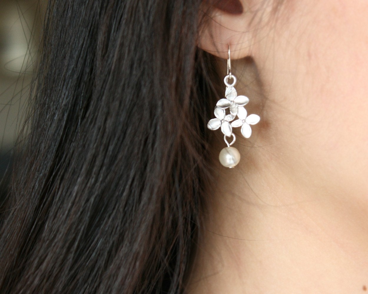 Cherry blossom flower with pearl Earrings Sterling Silver posts - Bridal wedding jewelry bridesmaid gift, birthday Christmas gift ideas