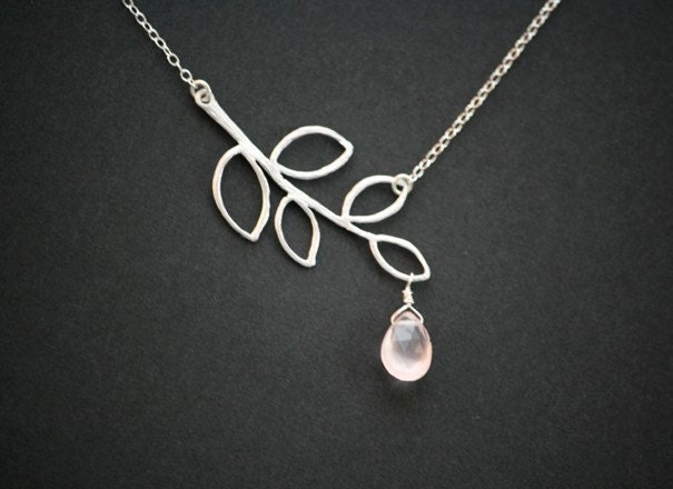 Leaf Branch Necklace With Rose pink quartz - STERLING SILVER wedding jewelry bride bridesmaid gifts