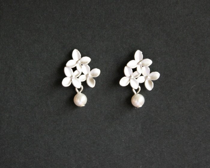 Cherry blossom flower pearl earrings - wedding bridal jewelry earrings, bridesmaid gift, birthday anniversary Christmas gift ideas
