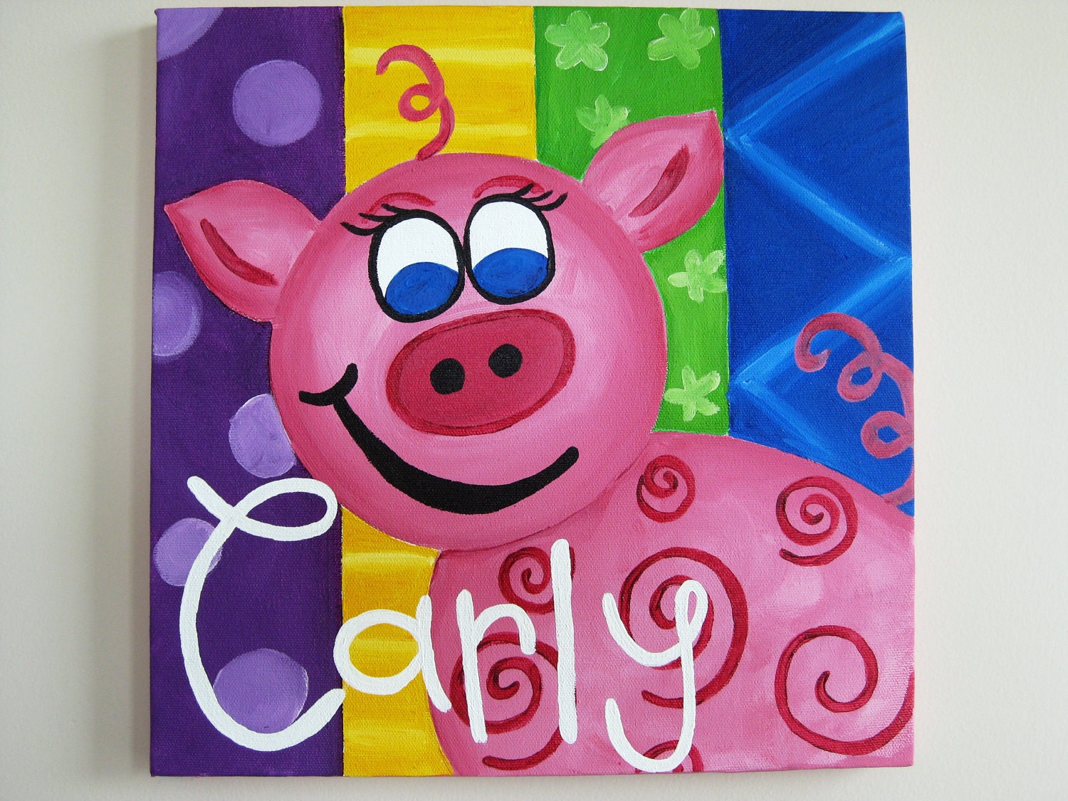 Colorful Whimsical Pig painting for children's room, 12x12"