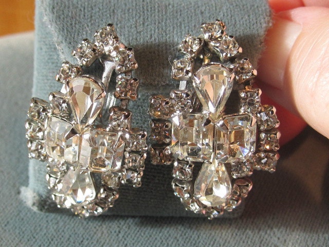 Glam Rhinestone Earrings Hinged to Flow - Sparkly and Large - Vintage