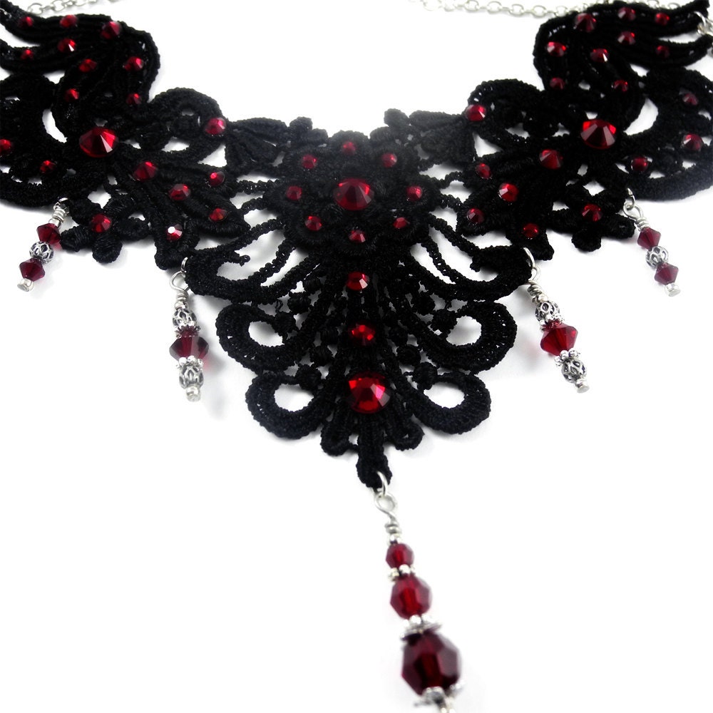 Lace Choker - Black Lace, Antique Silver & SwarovskiElements Siam - "New Moon"