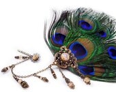 Antique brass steampunk headdress fascinator peacock feathers, glass opal, Swarovski Rhinestones TicToc Peacock DELUXE Steampunk Diva