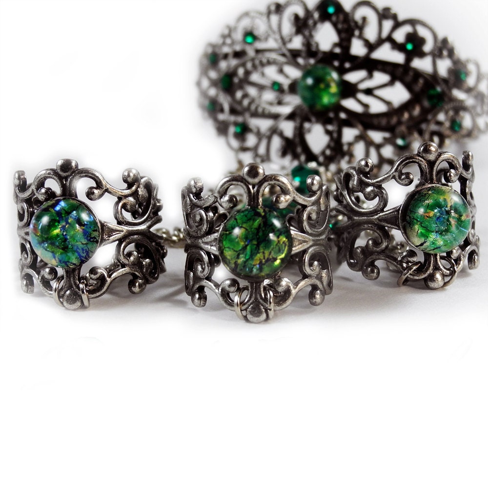 Handflower or Slave Bracelet - One pair - made to order antique silver or antique brass, rhinestones, glass opal - Slave to Dance