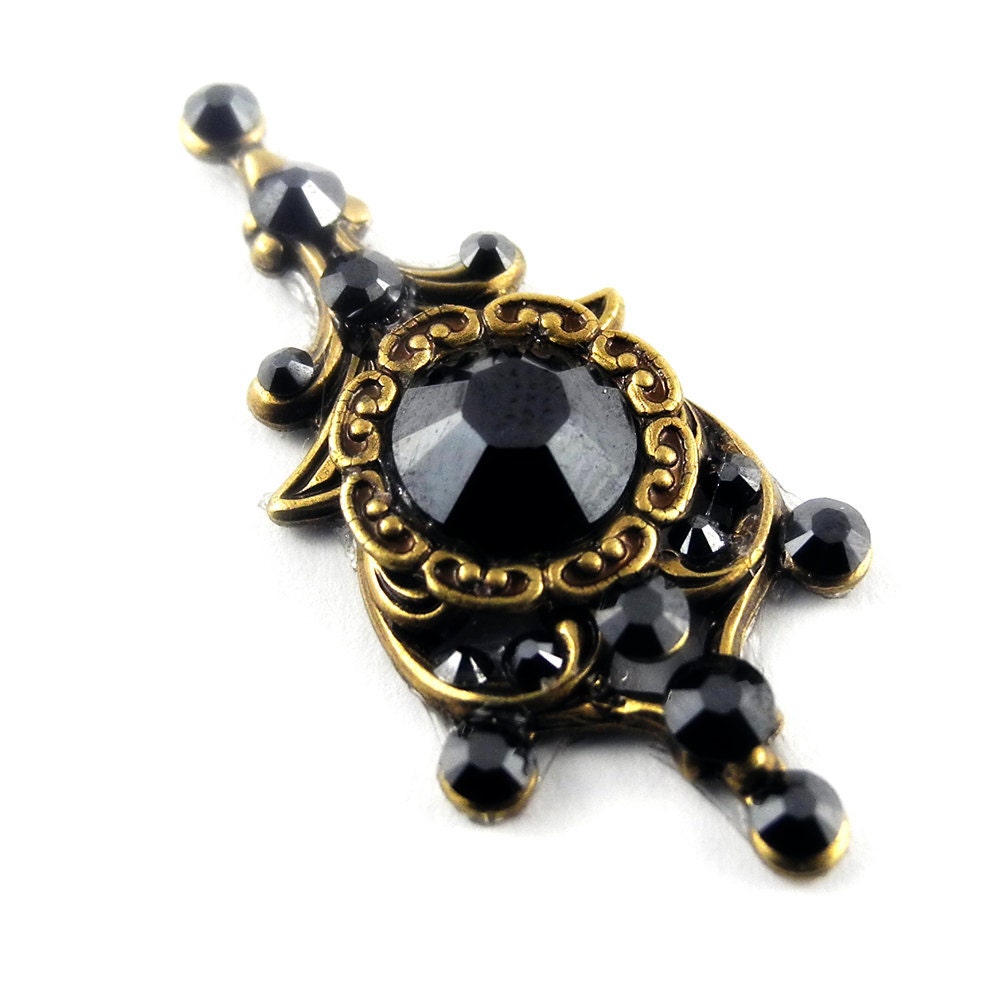 Tribal Fusion Bellydance Bindi Antique Brass & Jet Hematite Swarovski Rhinestone Bollywood Moonlight Pagoda Crystal Goddess Collection