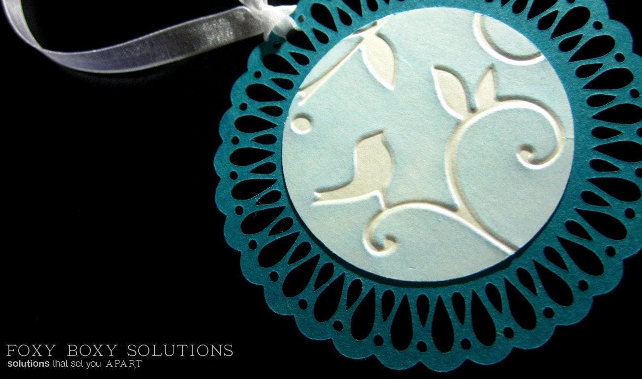 Gift Tags: Teal Lace Circle with Blue Bird Center - set of 3