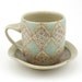 Teacup and Saucer - Ceramic Mug - Cup - with Salmon, Purple and Turquoise Pattern