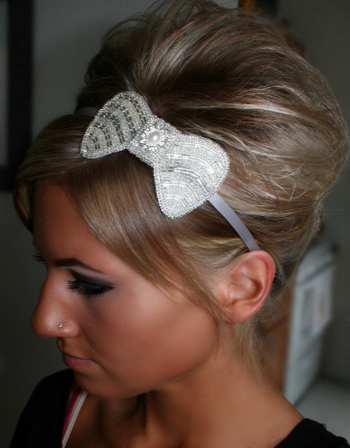 Silver Beaded Bow Headband, Flower Girl, Bridesmaid, Bridal, Wedding, Hair Accessory, Accessories, Ribbon, Rhinestone, Crystal, Pearl