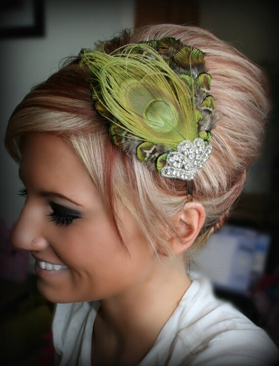 Green Peacock Rhinestone Feather Headband, Feather hair piece, bridal headband, hair accessory, rhinestone