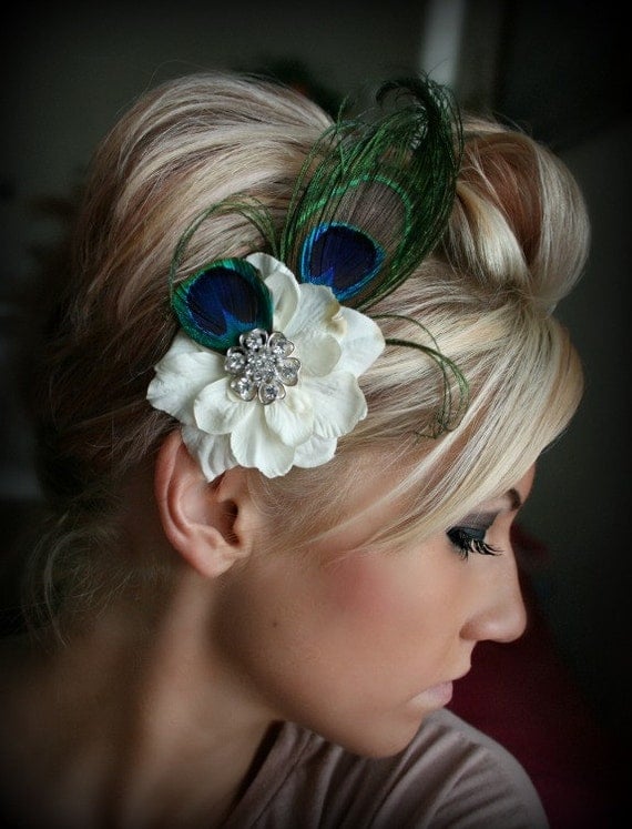 Peacock Feather Floral Hair Clip Wedding Headpiece by BrassLotus