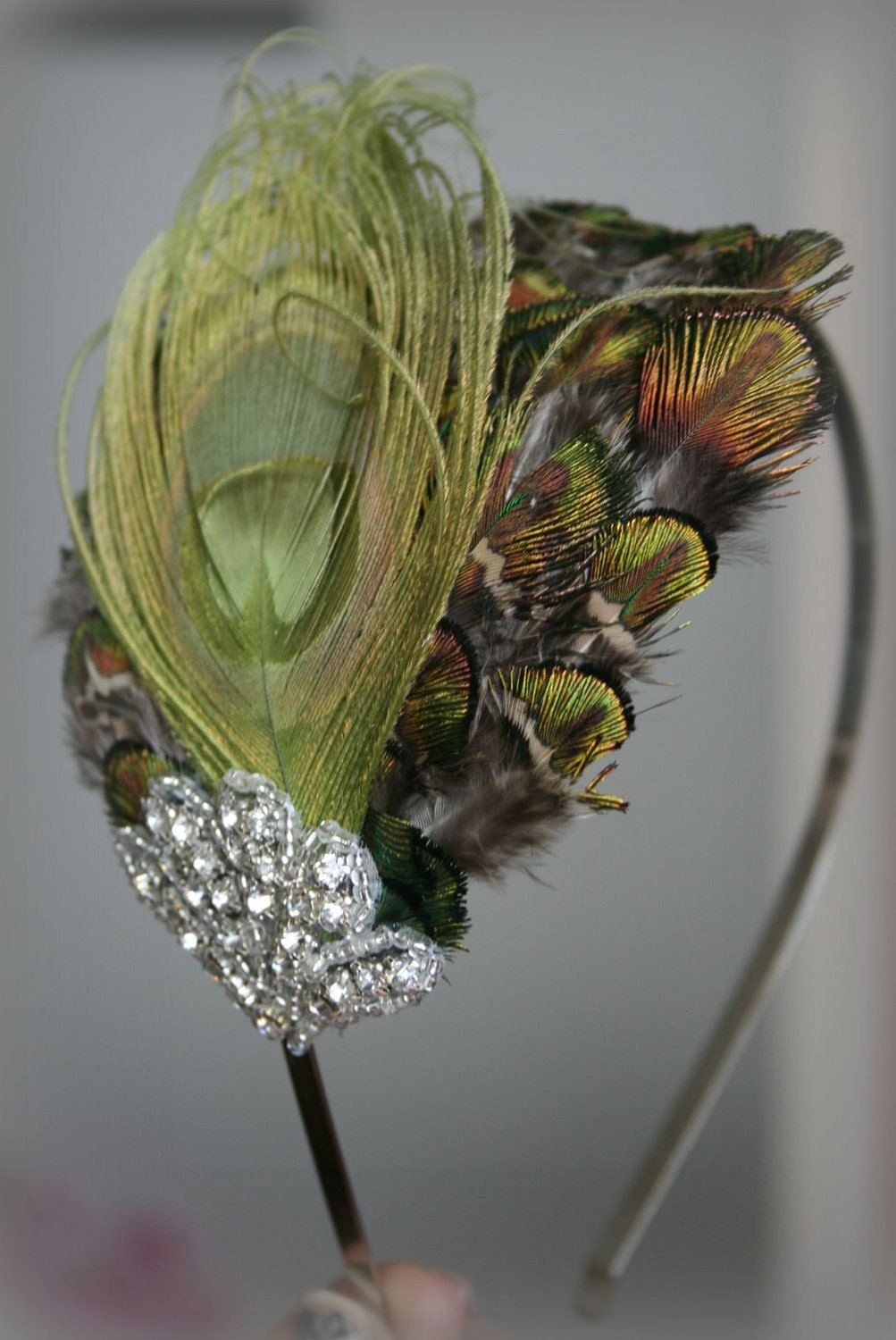 Green Peacock Rhinestone Feather Headband, Feather hair piece, bridal headband, hair accessory, rhinestone