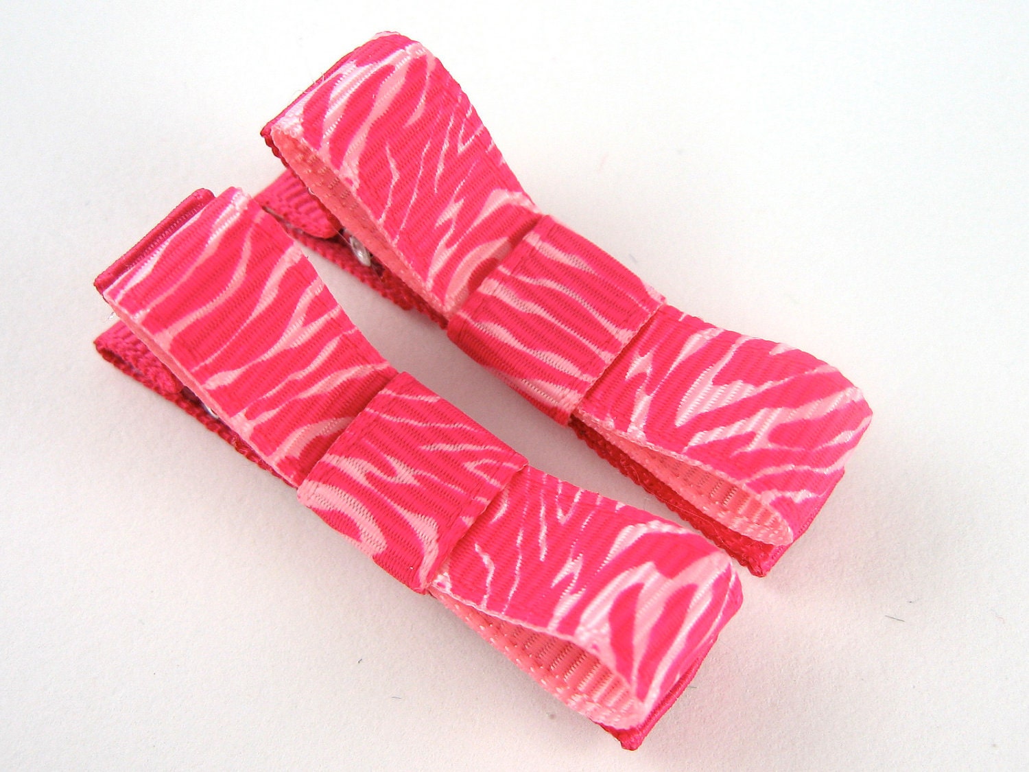 Pink Zebra Tuxedo Bow Hair Clips - Set of 2 - Matching Pair of Barrettes for Babies, Toddlers, Pigtails