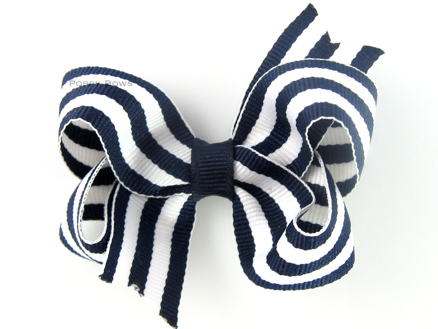 Navy Blue and White Striped Hair Bow - Nautical Baby Toddler Girl - 3 Inch Boutique Bow on Alligator Clip Barrette Preppy