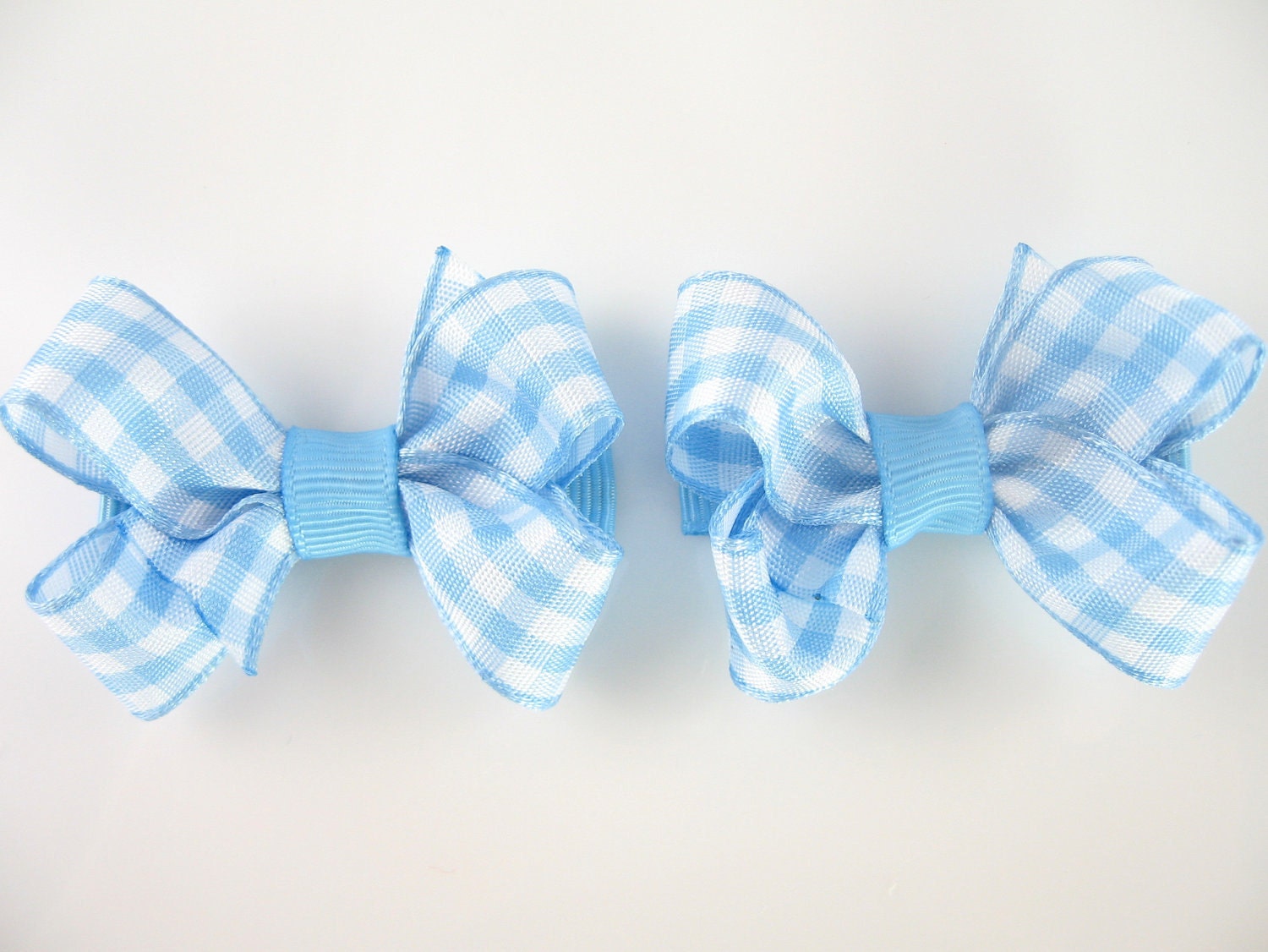 Light Blue Gingham Boutique Hair Bows Matching Pair by PoppyBows