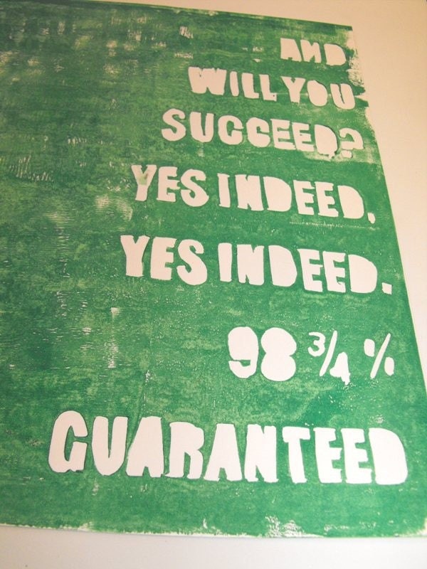 Print- Lino print, Dr. Seuss Quote "Will you Succeed" Green, 8X10 Inches