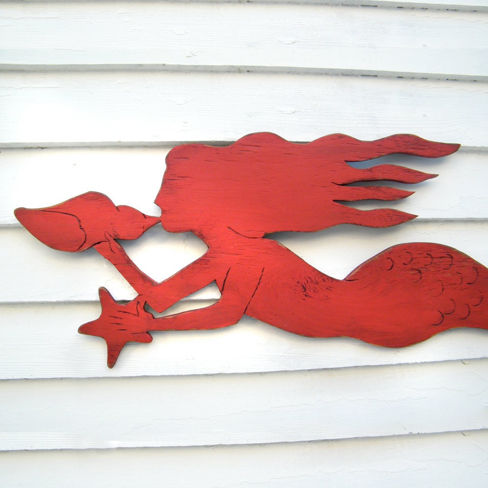 Mermaid Swimming Sign Conch Shell Starfish Beach Coastal Indoor Outdoor Wood Sign Ocean