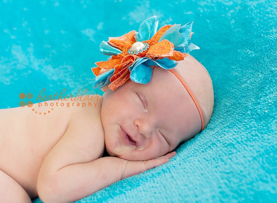Large Orange and Teal Flower Headband- Pearl - Rhinestone Center- Gorgeous PHOTO PROP- Newborn, Toddler, Girl, Adult