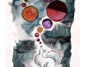 Wolf Howling at the Moon Illustration "Communication With Nature" Archival Giclee Print 22x15 in