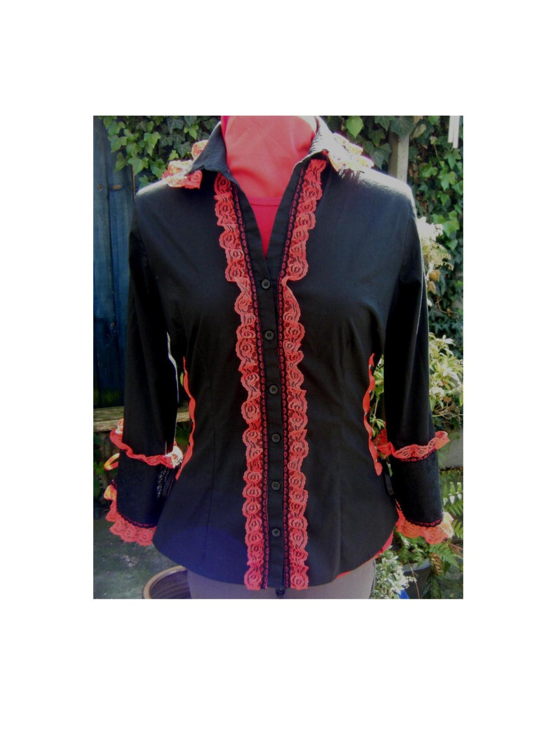 corset  shirt with red lace. victorian blouse. steampunk. gothic lolita Revamped vampire