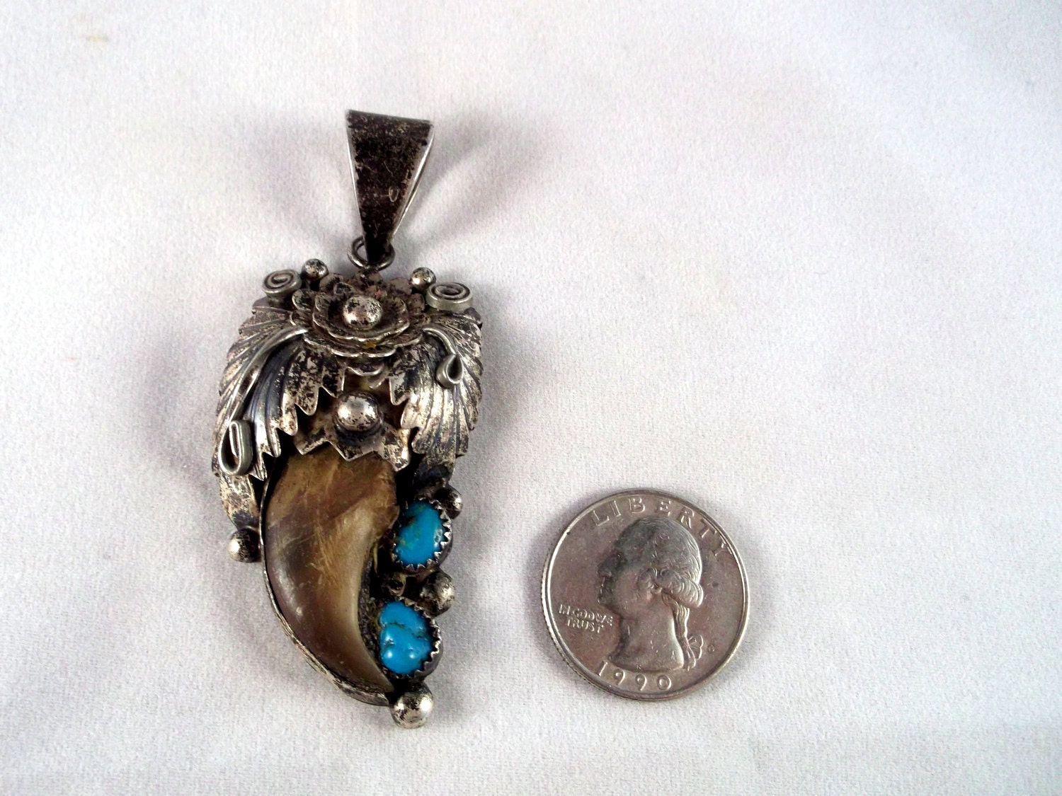 Very Large Awesome Vintage Navajo Indian Sterling Silver Genuine Bear Claw & Turquoise Pendant