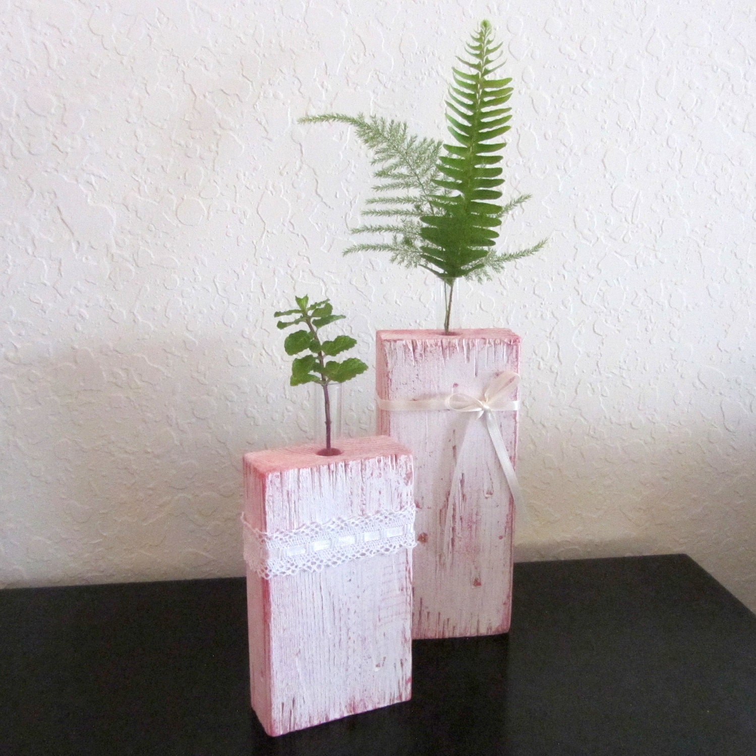Pink and white test tube flower vase, Shabby chic decor