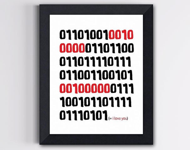 Binary Code Love Print - I Love You in Red and Black 8 X 10 - Digital Print-Wall Decor- Geekery