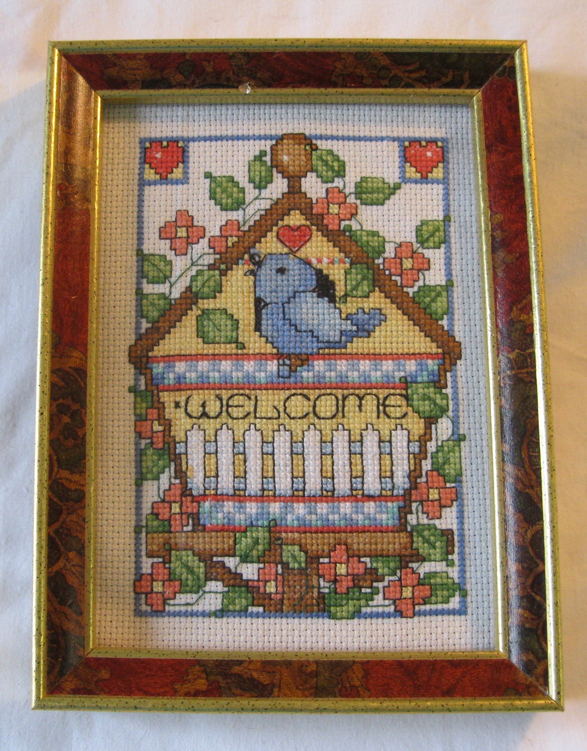 Handmade Cross Stitch Bird House Flower Picture In Frame