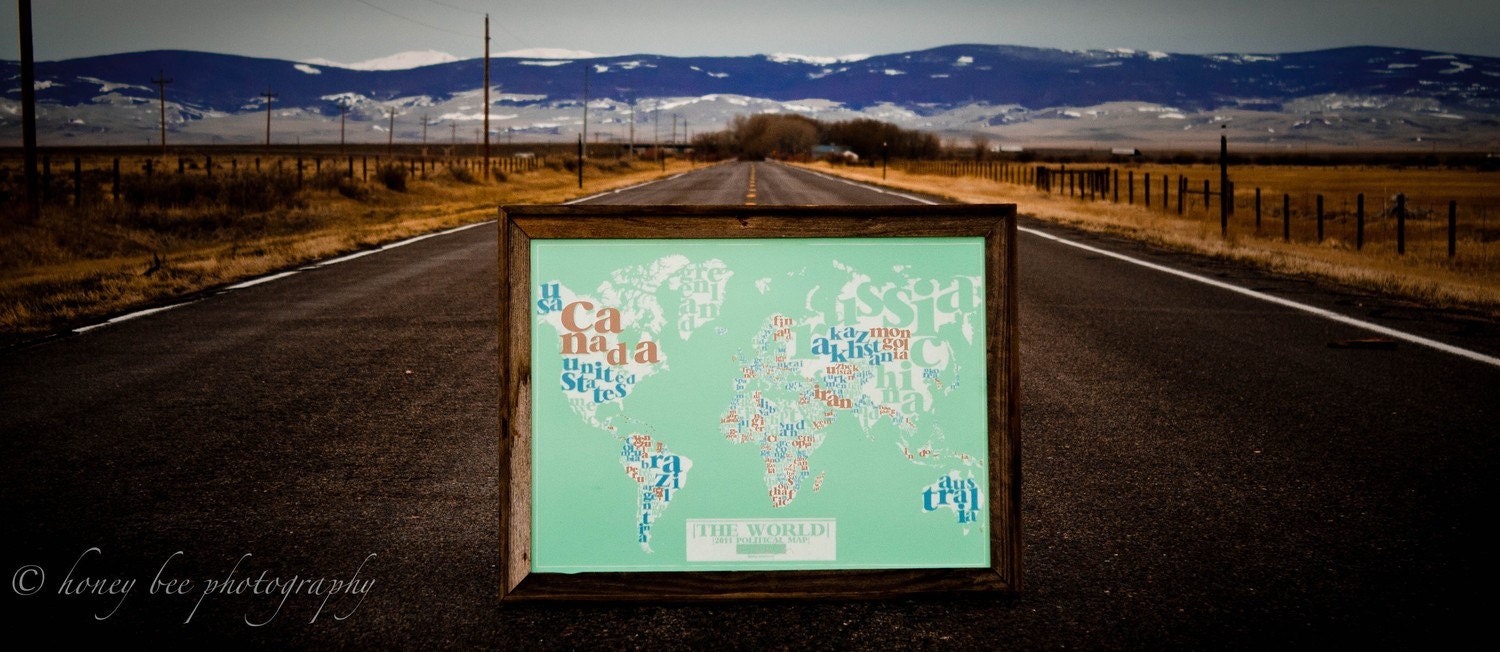 LARGE hand-pulled screenprint Political World Typography Map 22"x30"
