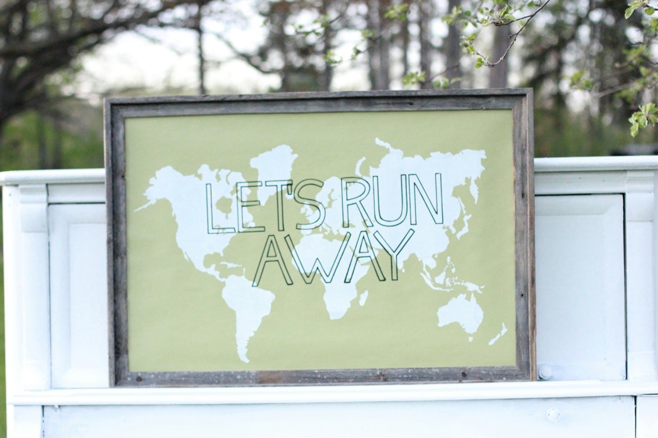 LET'S RUN AWAY Giant Modern World Map Print Poster - 24x36 - Sage and White