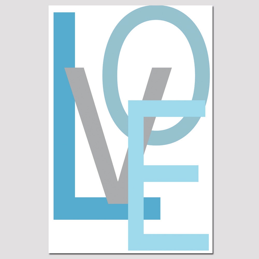 SALE - LOVE - 11 x 17 Large Scale Modern Typography Print - Blue and Gray Medley